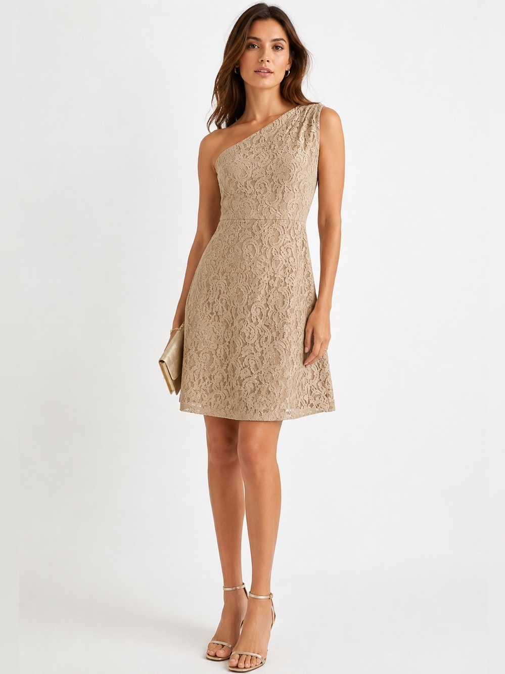Jasmine Beautiful Lace One Shoulder Beige Dress Size 6